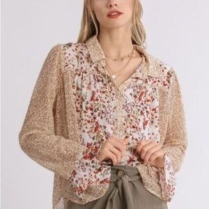 Umgee Floral Popover Mixed Pattern Long Sleeve Button Down Blouse Top Size 2XL